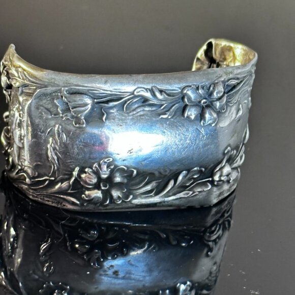 Antique Sterling Silver Cuff Bracelet Floral Art Nouveau Lady Face Victorian 925 - Picture 6 of 8
